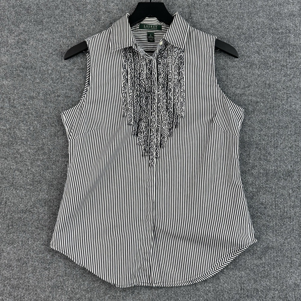 Lauren Ralph Lauren Blouse Womens 8 Black White Stripe Ruffle Tuxedo Sleeveless